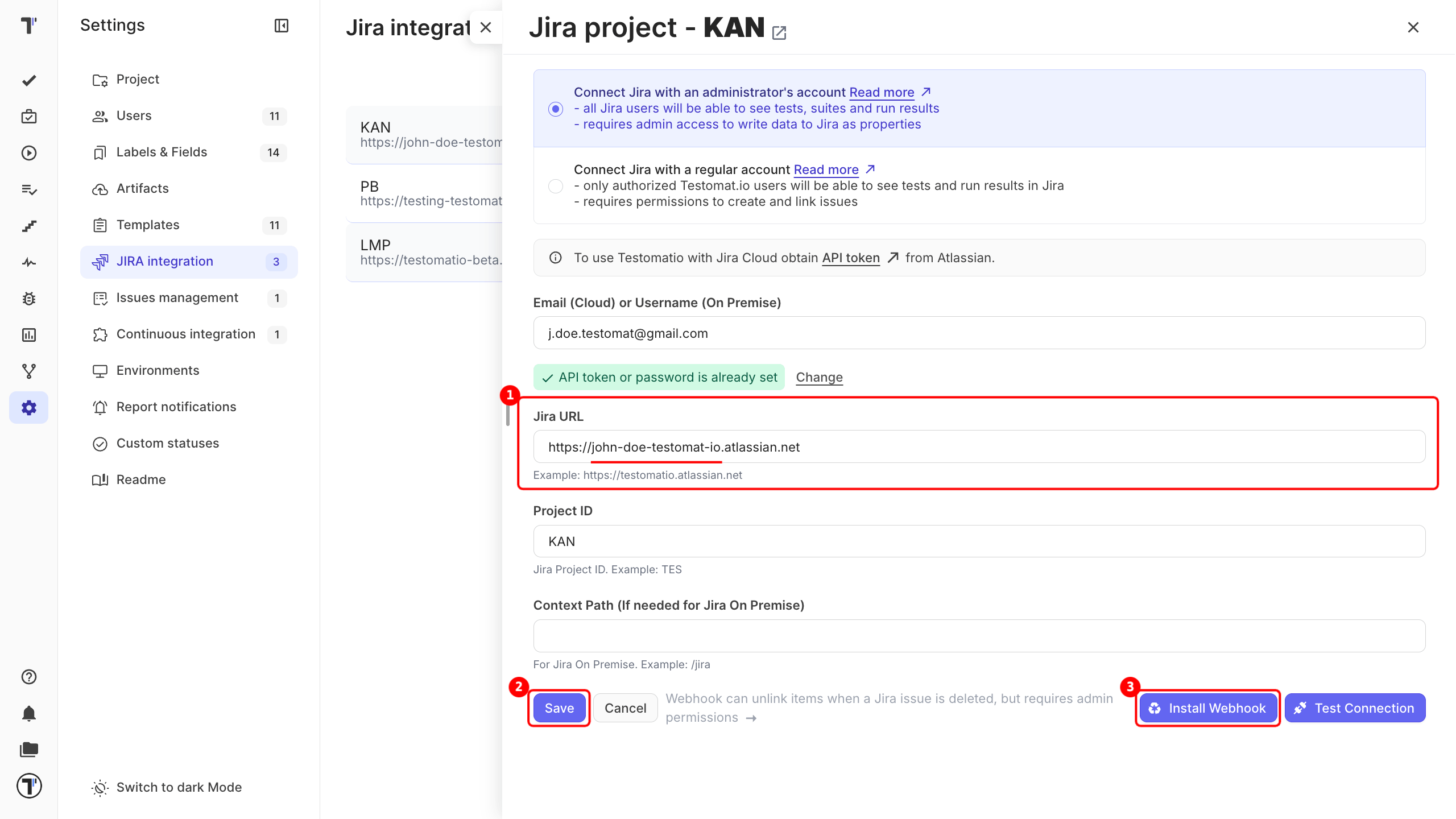 Jira integration settings with the Jira URL field, the Save button and Install Webhook highlighted